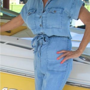 Denim Button Up Jumpsuit with Tie
